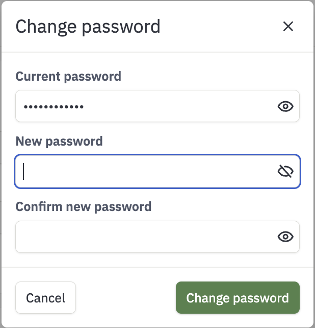Screenshot of the "change password" dialog