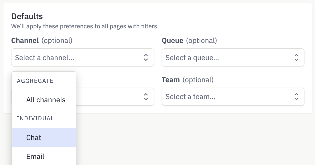 Screenshot of defaults section, selecting the Chat channel