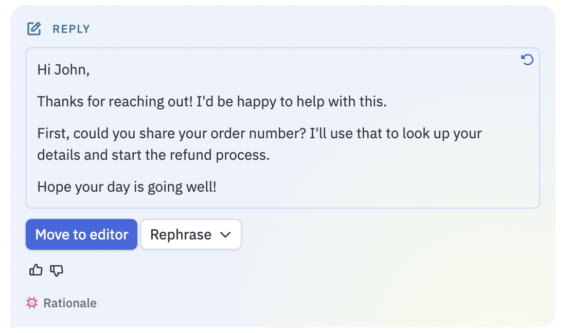 Screenshot of a drafted reply from Copilot