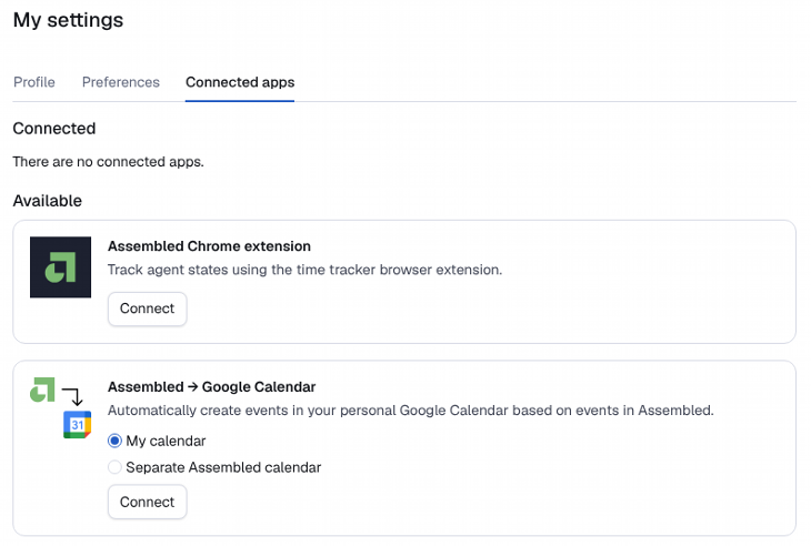 The Connected apps tab of My settings, with the Chrome extension and Google Calendar