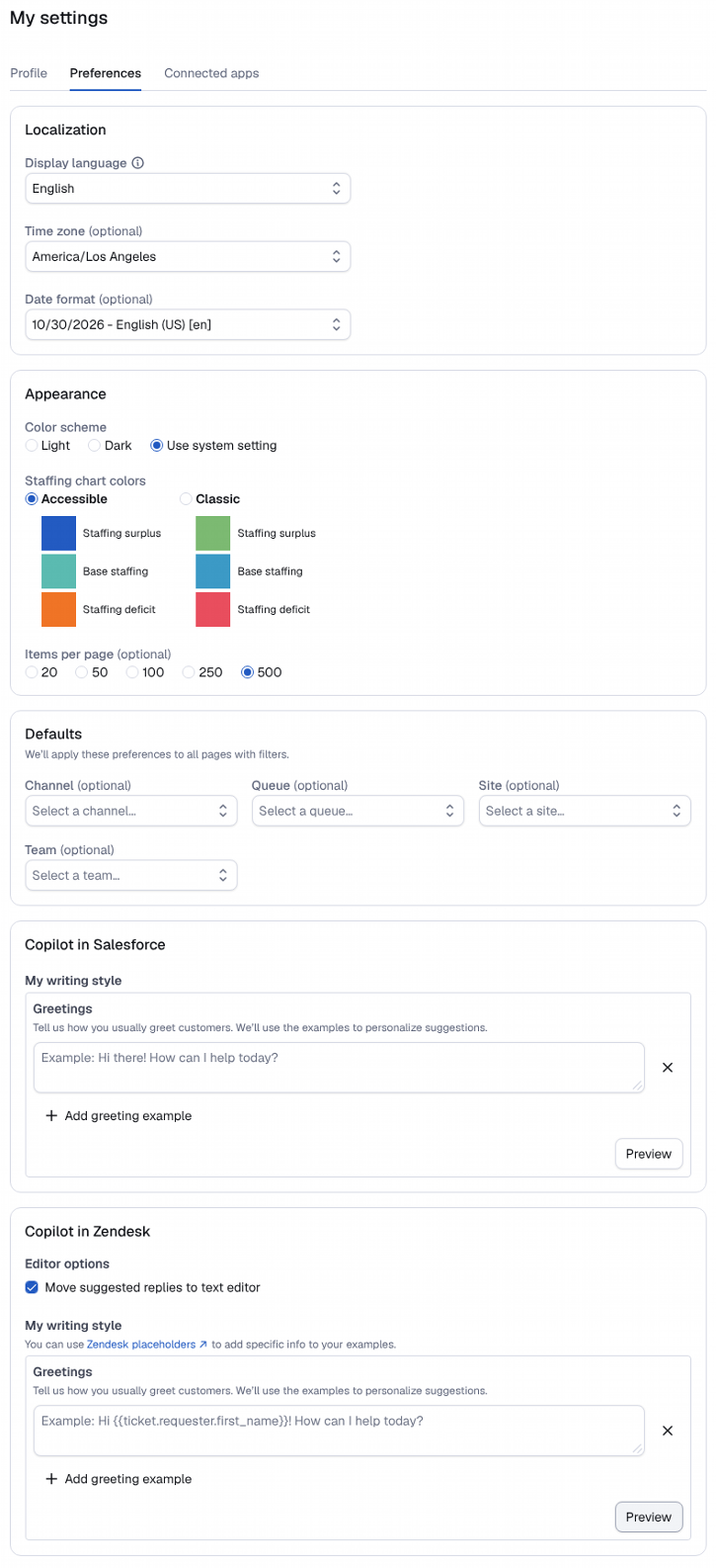 The Preferences tab of My settings: Localization, Appearance, Defaults, Copilot in Salesforce, and Copilot in Zendesk